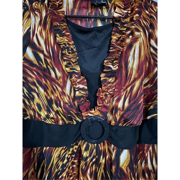 New Directions Animal Print Faux Belt Built In Shirt Ruffles Long Sleeve3X - Picture 4 of 7